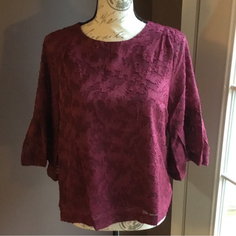 Anniewear Burgundy Jacquard Bell Sleeve Chiffon Blouse NWT